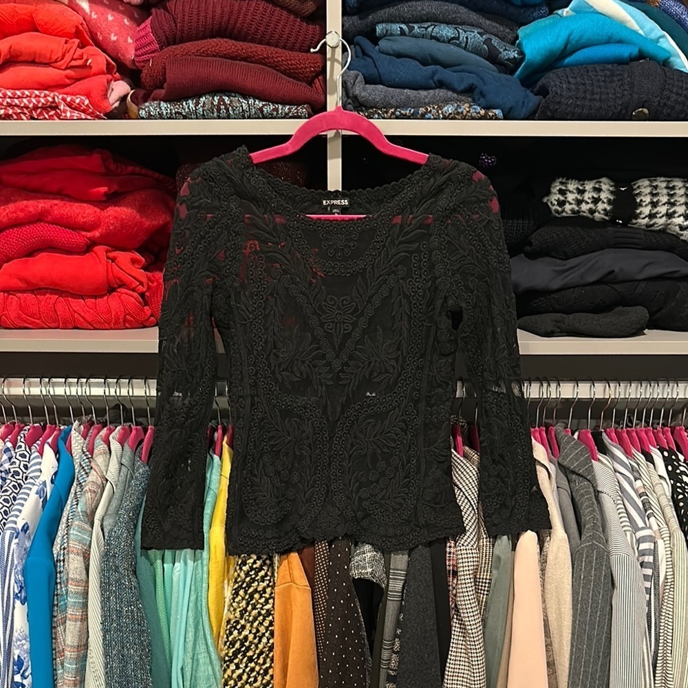 Express black lace/embroidered scoop neck long sleeve top size XS